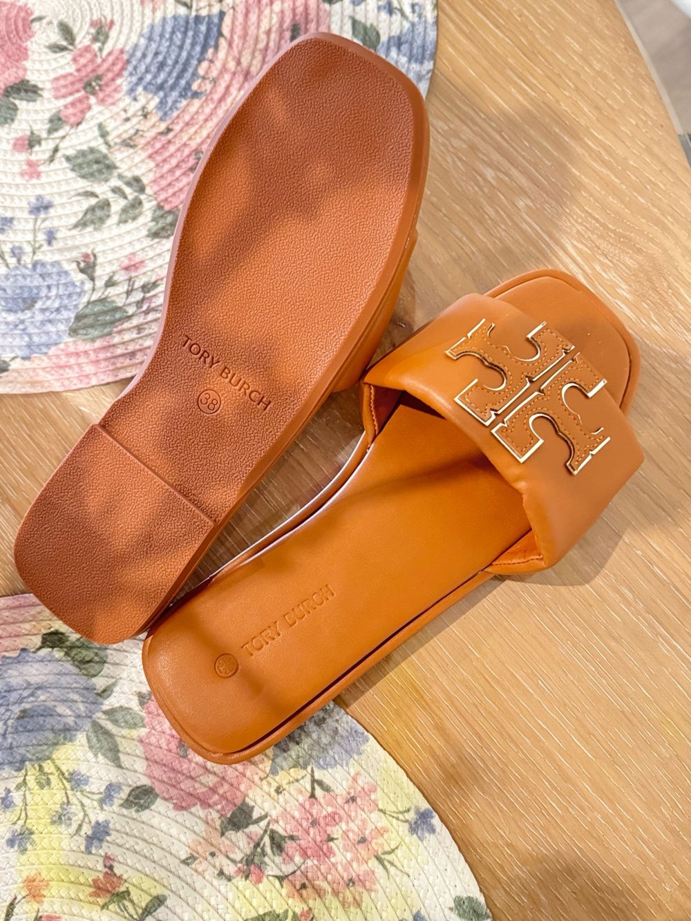 Tory Burch Cognac Leather Logo Slide Sandals - Picture 5 of 6
